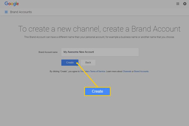Gumb za ustvarjanje novega kanala blagovne znamke na YouTubu