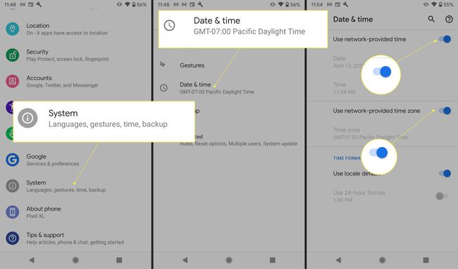 Android-beállítások a „Rendszer”, „Dátum és idő” és a hálózati idő kapcsolójával kiemelve