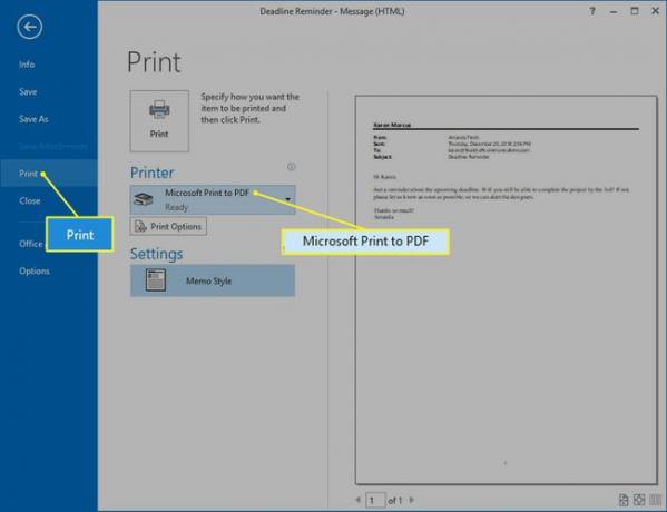 Microsoft Outlook näitab dialoogiboksi Printimine, kus on valitud Print to PDF.