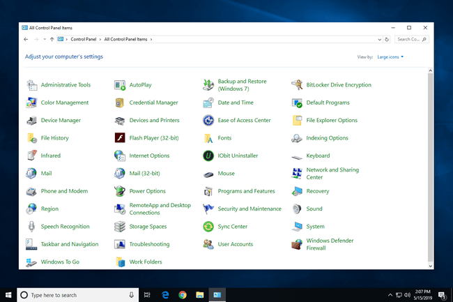 Itens do painel de controle no Windows 10