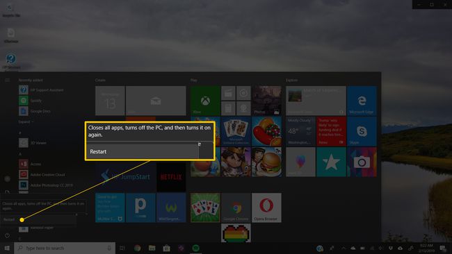 Taaskäivitamise valik Windows 10 menüüs Start