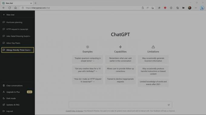 ChatGPT のチャットのリストで強調表示される、保存されたチャットのタイトル。