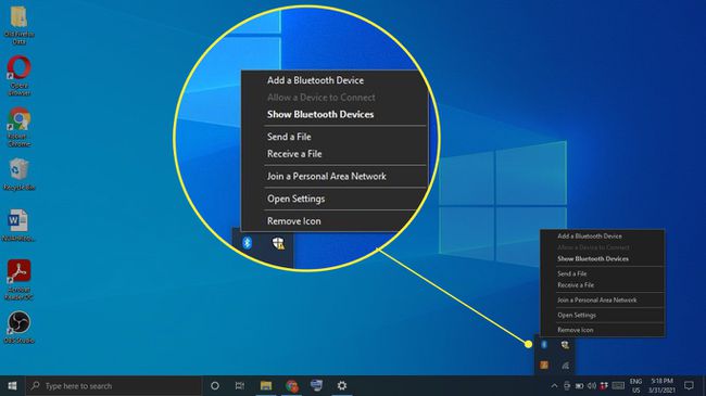 Windows 작업 표시줄의 Bluetooth 아이콘 및 해당 옵션이 강조 표시됨