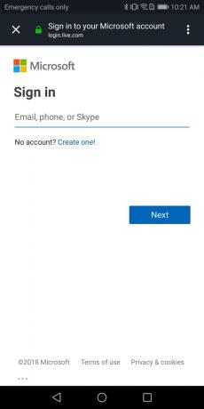 Screenshot della schermata di accesso all'account Microsoft nell'app Alexa per Android durante l'installazione di Cortana Skill.