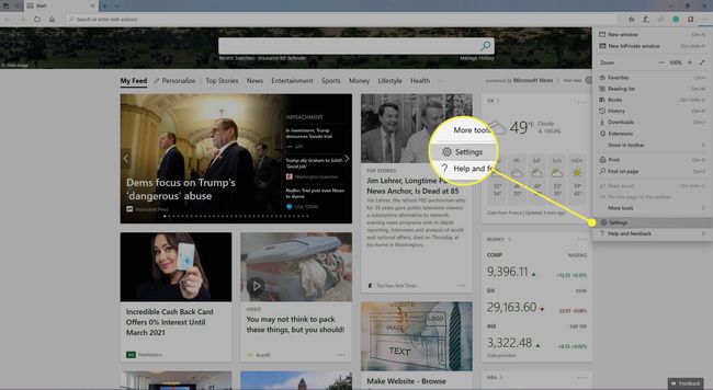 Microsoft Edge z podświetloną opcją Ustawienia