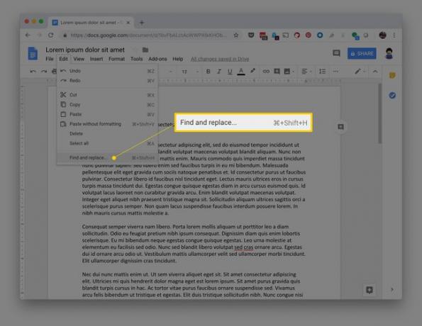 Localizar e substituir no menu Editar do Google Docs