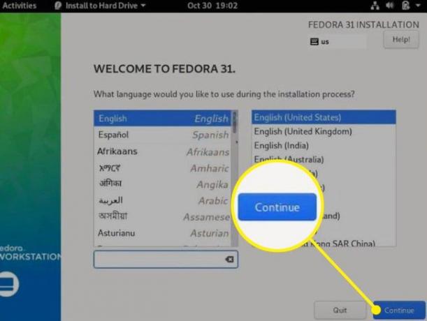 Fedora показывает доступные языки с выделенным продолжением