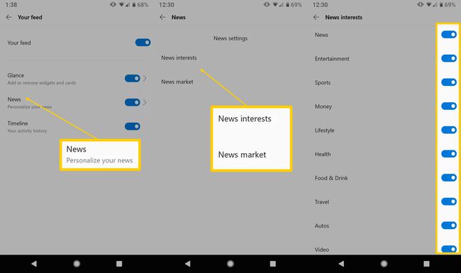 Știri, Interese de știri și Piață de știri, comută pentru interesele de știri pe Android