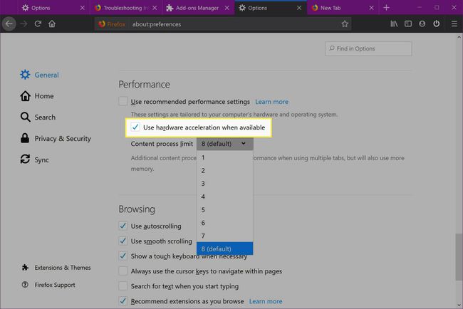 La opción " Usar aceleración de hardware" en Firefox