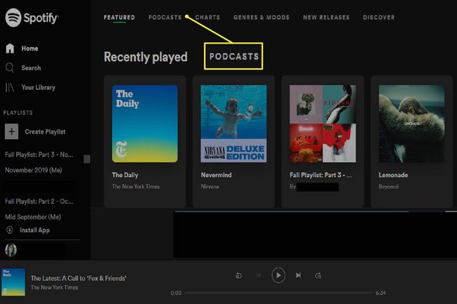 แดชบอร์ดหลักของ Spotify Web Player เมื่อเข้าสู่ระบบแล้ว