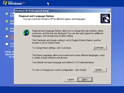 Windows XP kurulumu sırasında Bölge ve Dil Seçenekleri Kurulumunun ekran görüntüsü