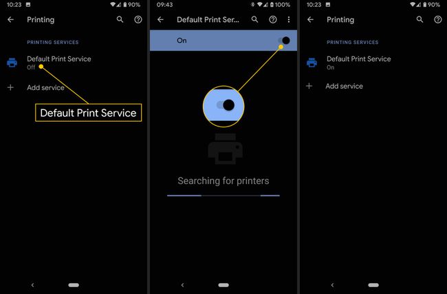 Výchozí tisková služba, přepínač Zapnuto, v systému Android
