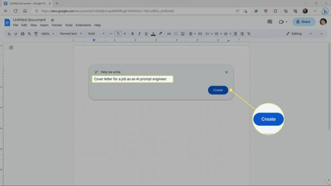 Google Docs Bard インターフェースで強調表示された「プロンプト」フィールドと「作成」ボタン。