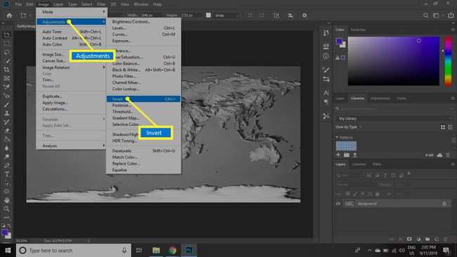 Photoshop Image meni z izbranimi prilagoditvami in Invert