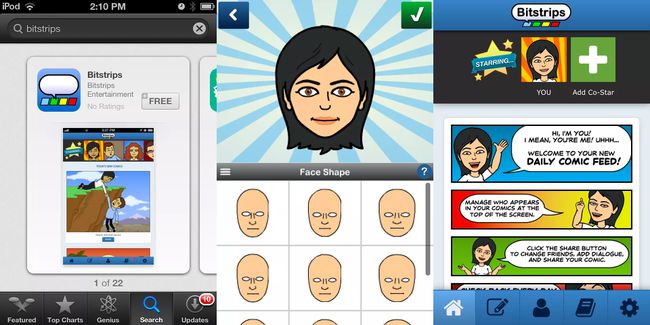 Obrazovka stahování, obrazovka Tvar tváře a domovská obrazovka pro aplikaci Bitstrips na iOS