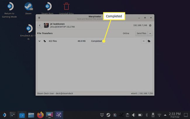 Warpinator の PC から Steam デッキへのファイル転送の横にハイライト表示されている完了。