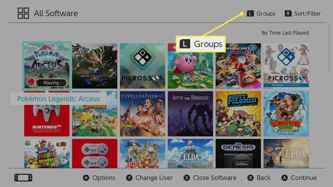 Lグループが強調表示されたNintendoSwitchのすべてのソフトウェアメニュー