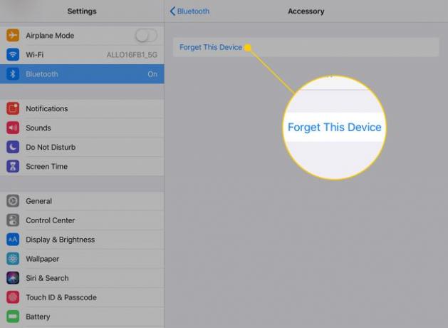 La opción " Olvidar este dispositivo" en la configuración de Bluetooth de un iPad