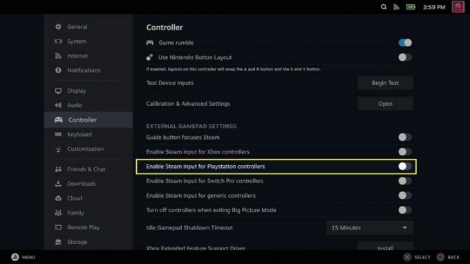Steam コントローラー設定で強調表示されている Playstation コントローラーの Steam 入力を有効にします。