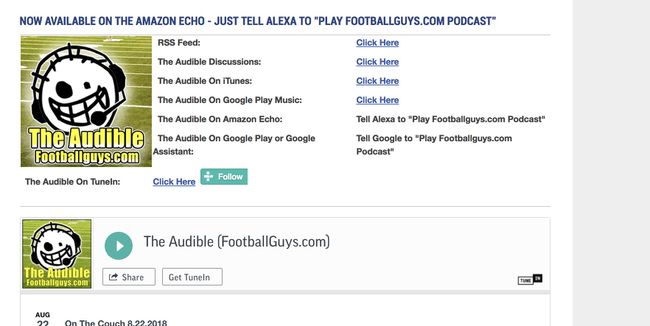 Audbleファンタジーフットボールポッドキャストのランディングページのスクリーンショット。