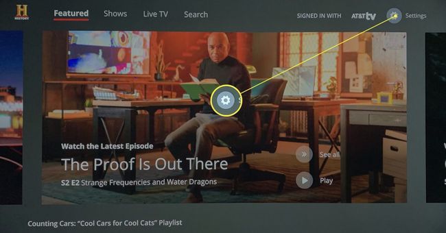 Fire Stick'teki History Channel uygulamasındaki Ayarlar simgesi.