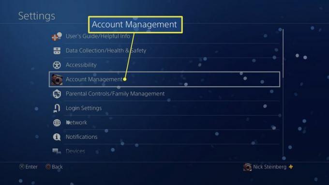 PS4の設定でアカウント管理が強調表示されます。