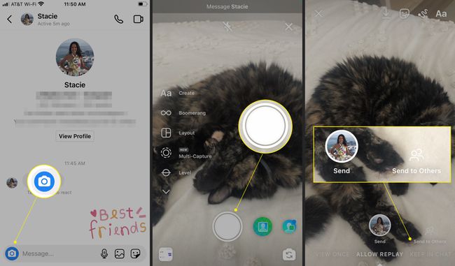 Обмен сообщениями в Instagram с выделенными значком камеры, интерфейсом камеры и параметрами отправки