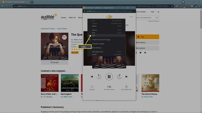 Ülekandmine on Audible'i veebipleieri kontekstimenüüs esile tõstetud.