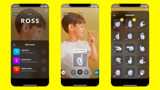 „Snapchat“ amerikiečių gestų kalbos filtro ekrano kopijos.