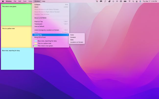 اختيار نوع ترتيب الملاحظات في Mac Stickies.