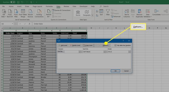 Die Optionsschaltfläche im Dialogfeld Sortieren in Microsoft Excel.