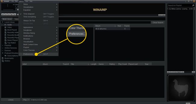 WinAmp z podświetloną opcją Preferencje