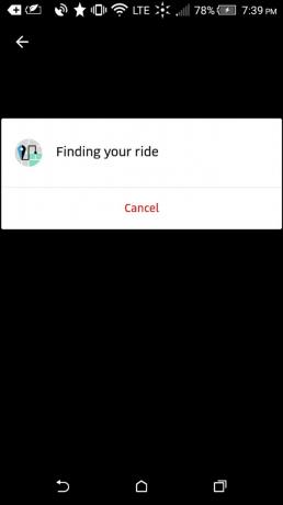 O captură de ecran mobilă a aplicației Uber în procesul de anulare a unei cereri de călătorie Uber înainte de a fi asociată cu un șofer Uber.