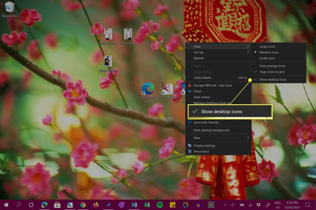 Windows 10 darbvirsma ar izvēlnes opciju Rādīt darbvirsmas ikonas.