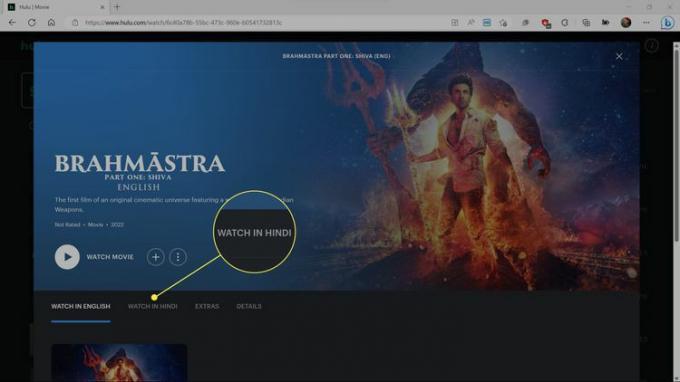 Hulu の映画ページで「ヒンディー語で見る」が強調表示されています。
