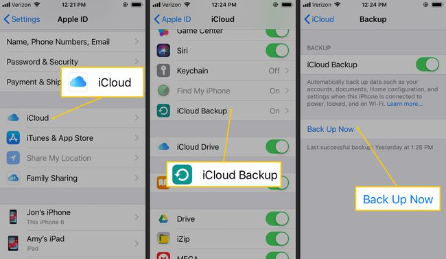 iOS設定のiCloud、iCloudバックアップ、今すぐバックアップボタン