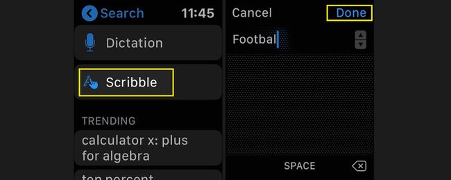 انقر فوق Scribble لاستخدام نظام التعرف على خط اليد في Apple Watch للبحث.