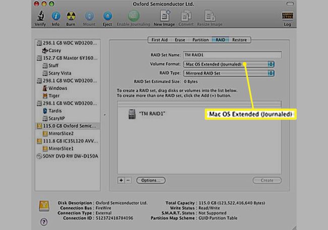 Mac OS Extended (Journaled) valittu Levytyökalun RAID-välilehdeltä