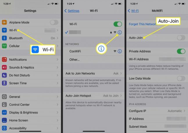 Wi-Fi, ikona informacji i elementy automatycznego łączenia na iPhonie