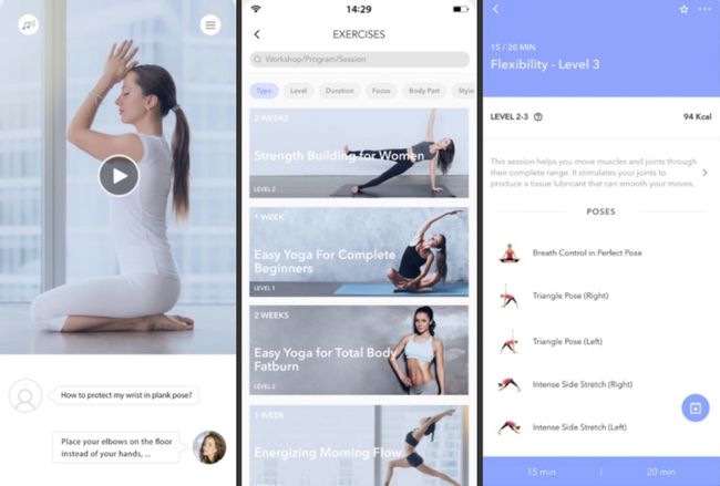 Tři snímky obrazovky Daily Yoga pro iOS.