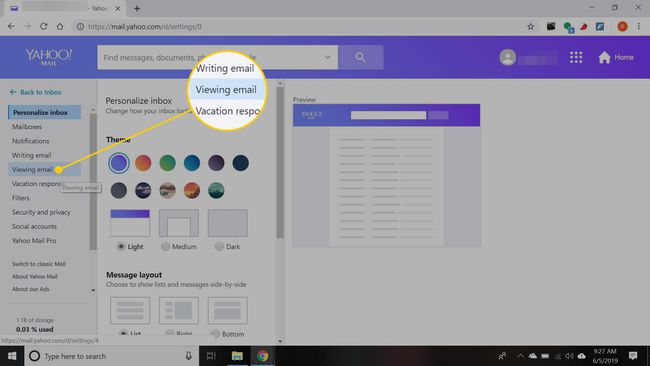 Configurações do Yahoo Mail com o título Visualizando e-mail destacado