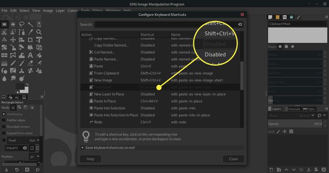 Ein Screenshot des GIMP-Bildschirms " Tastenkombinationen konfigurieren" mit hervorgehobenem Status " Deaktiviert"