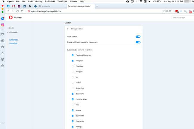 Configuración de la barra lateral de Opera