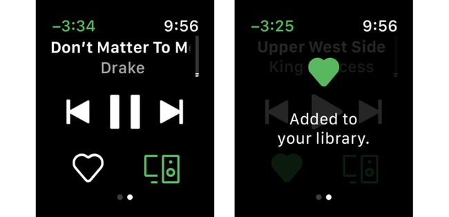 Screenshots van Spotify en Apple Watch die laten zien hoe je een nummer aan de bibliotheek kunt toevoegen.