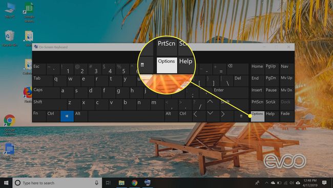 Ekraanipilt Windows 10 ekraaniklaviatuurist, kus on esile tõstetud suvandite klahv