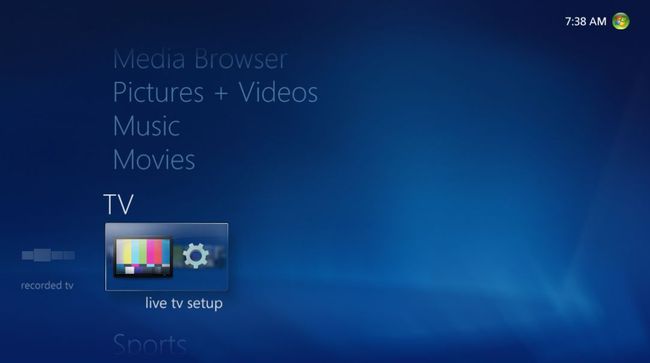 Media Center montrant la configuration de la télévision en direct