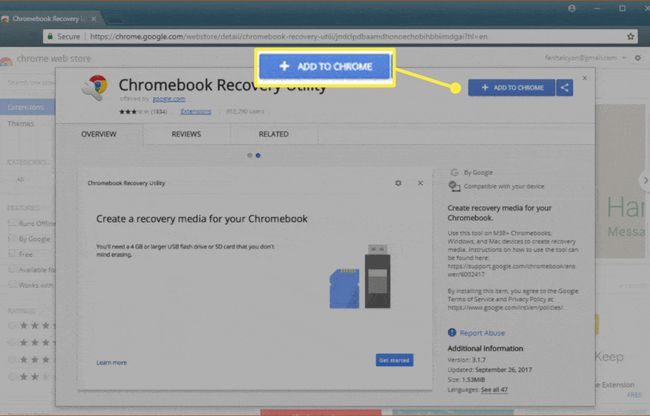 Das Chromebook-Wiederherstellungsprogramm im Google Play Store. „Zu Chrome hinzufügen“ ist markiert.