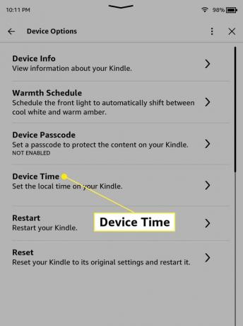 Час пристрою виділено в параметрах пристрою Kindle