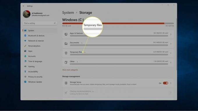 Midlertidige filer uthevet i Windows Storage-innstillinger.