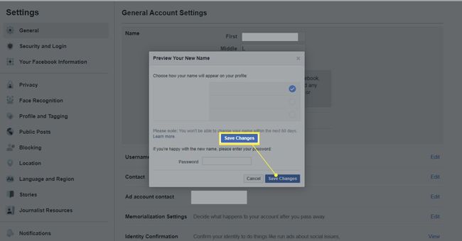 Facebook isim değişikliğinde değişiklikleri kaydet düğmesi